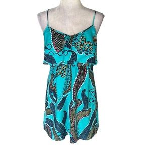 Tibi Anthro Silk Turquoise Tropical Palm Leaf Paisley Draped Ruffle Mini Dress 6